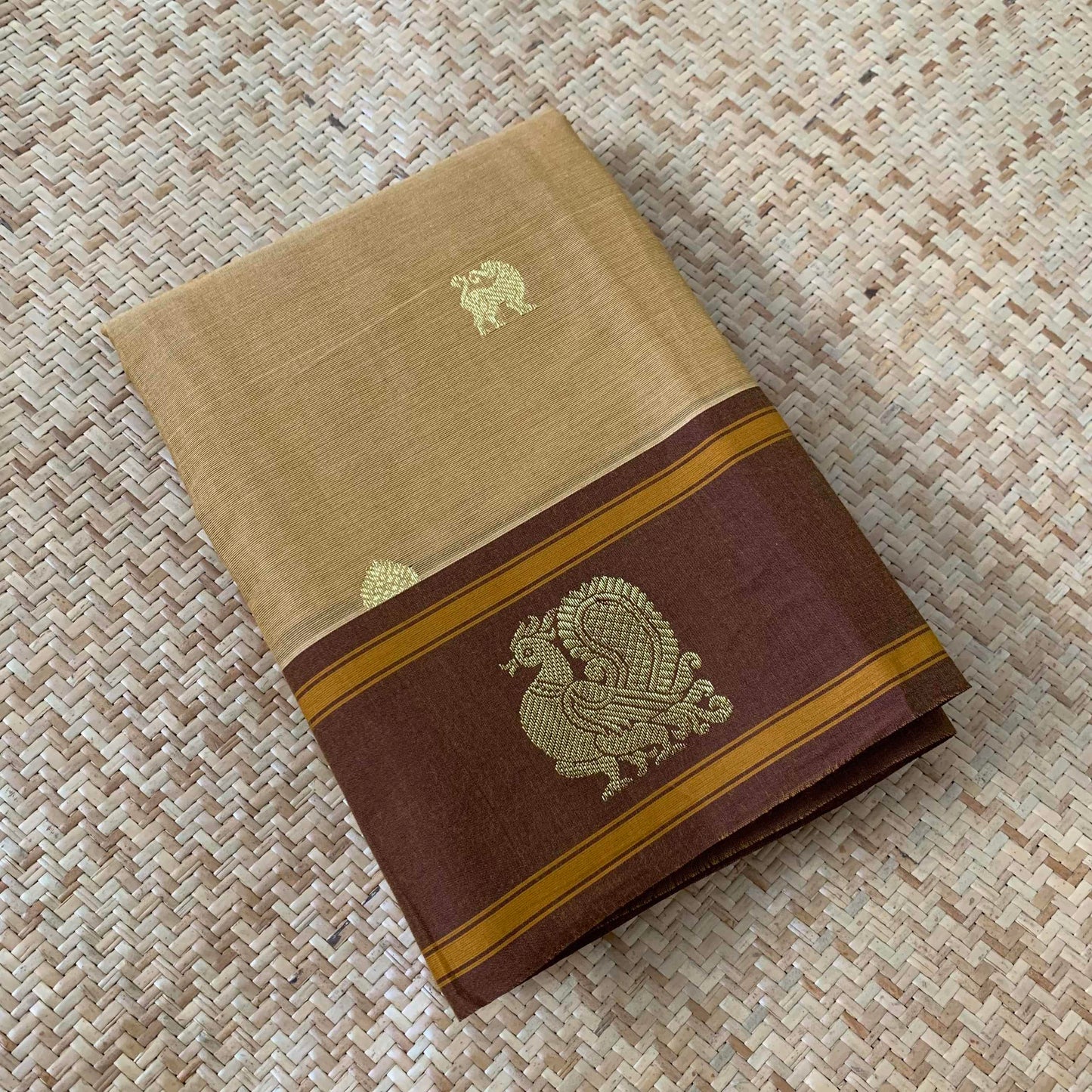 Kanchipuram Cotton Saree, Beige Double Tone Saree with Brown Border and Grand Pallu with Yazhi Chakkaram Butta