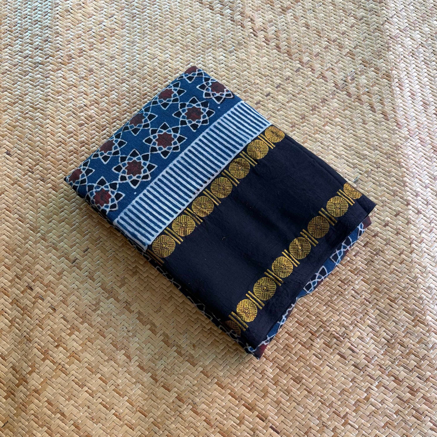 Atoms-Indigo, Ajrak Hand Block Printed On Madurai Cotton Saree With Zari