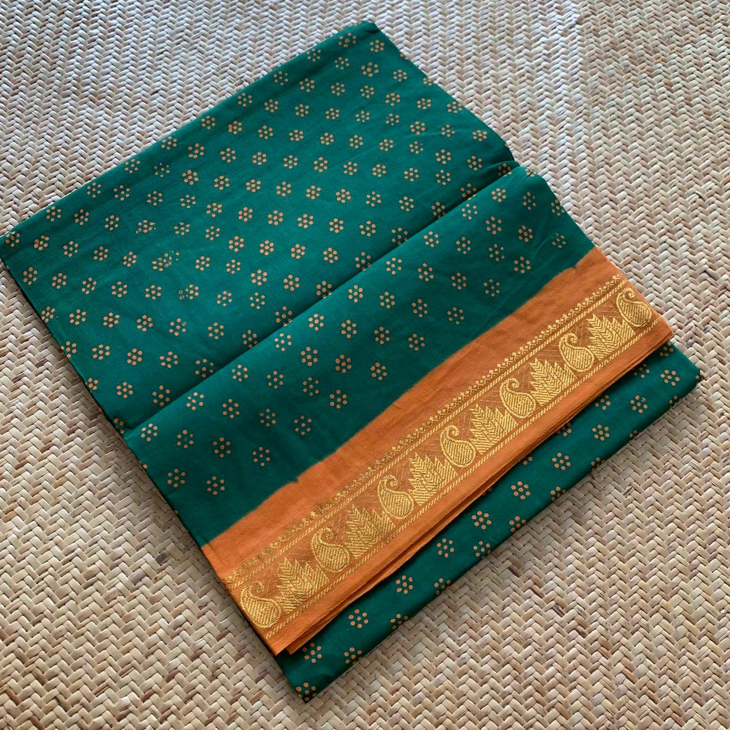 Green With Mustard Wax Print, Half Fine Zari Premium Sungudi Cotton Sarees
