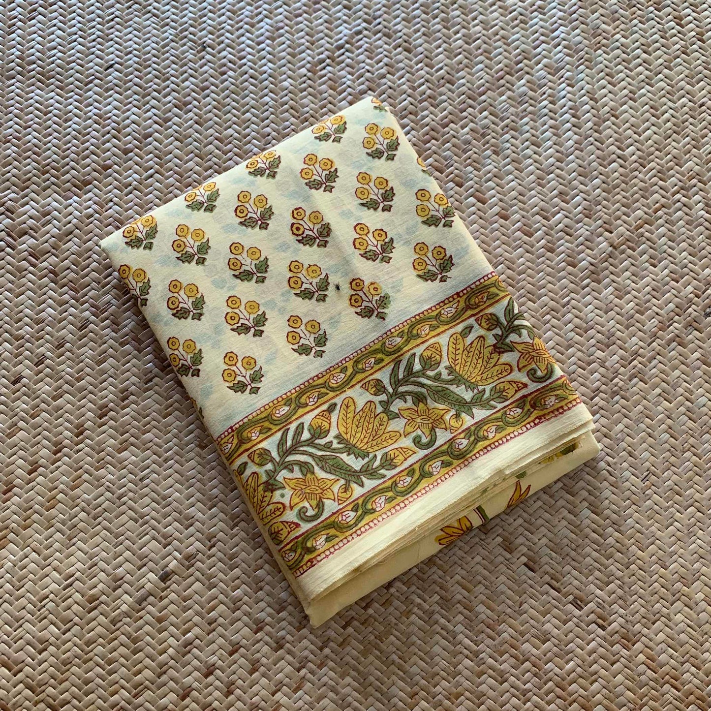 Mul Mul Cotton saree, Hand Block Printed, Pastel Yellow