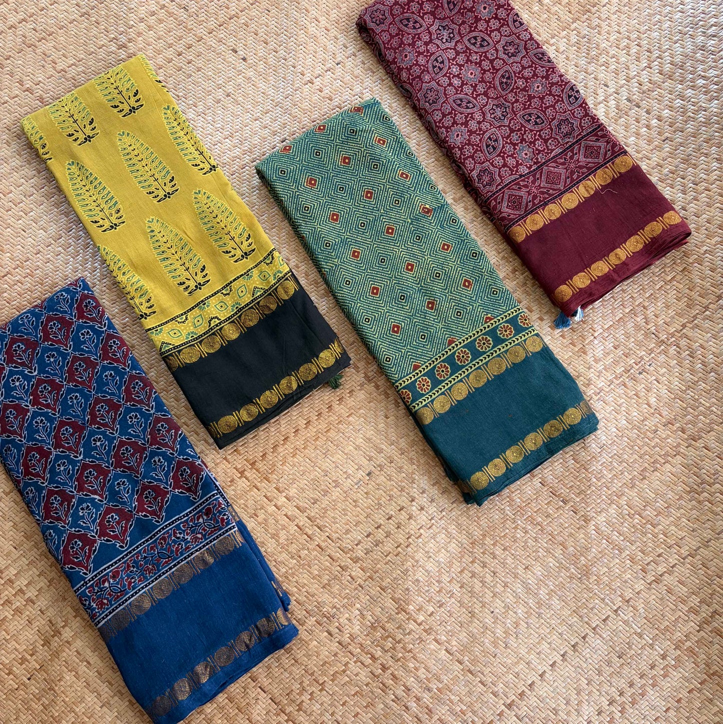 Indigo, Ajrak Hand Block Printed On Madurai Cotton Saree With Zari