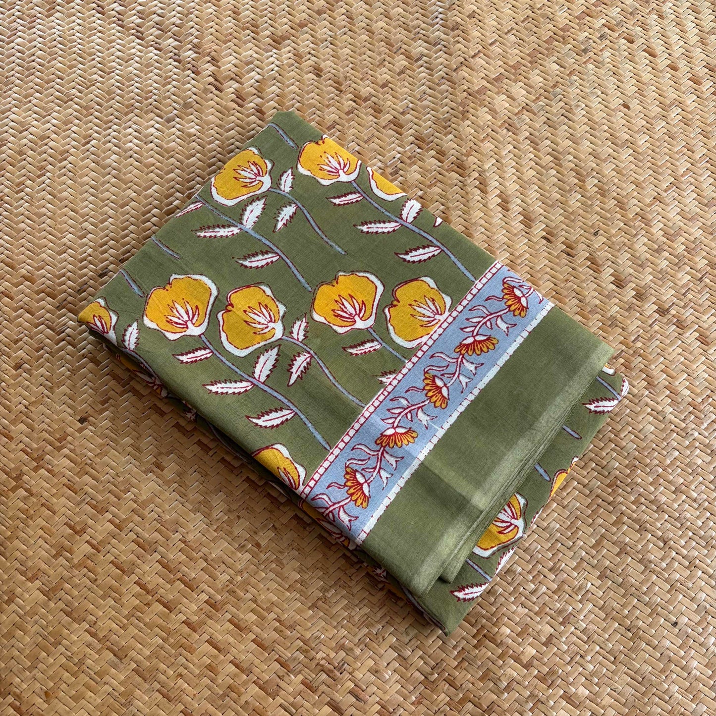 Mul Mul Cotton saree, Hand Block Printed, Green