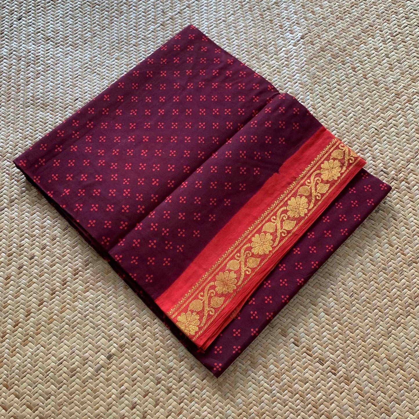 Beetle nut Brown With Red Wax Print, Half Fine Zari Premium Sungudi Cotton Sarees