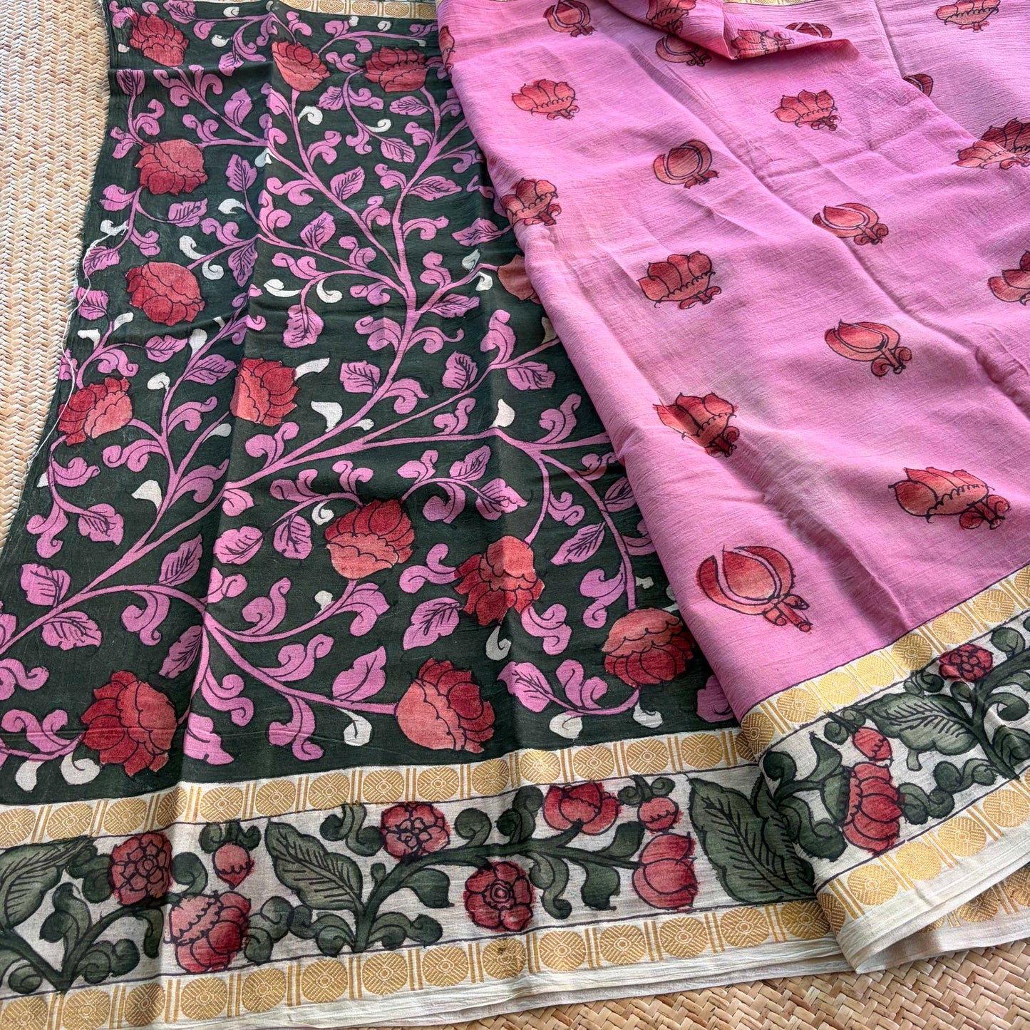 Dusty Pink Kalamkari Hand Painted on Cotton Sungudi Saree With Blouse