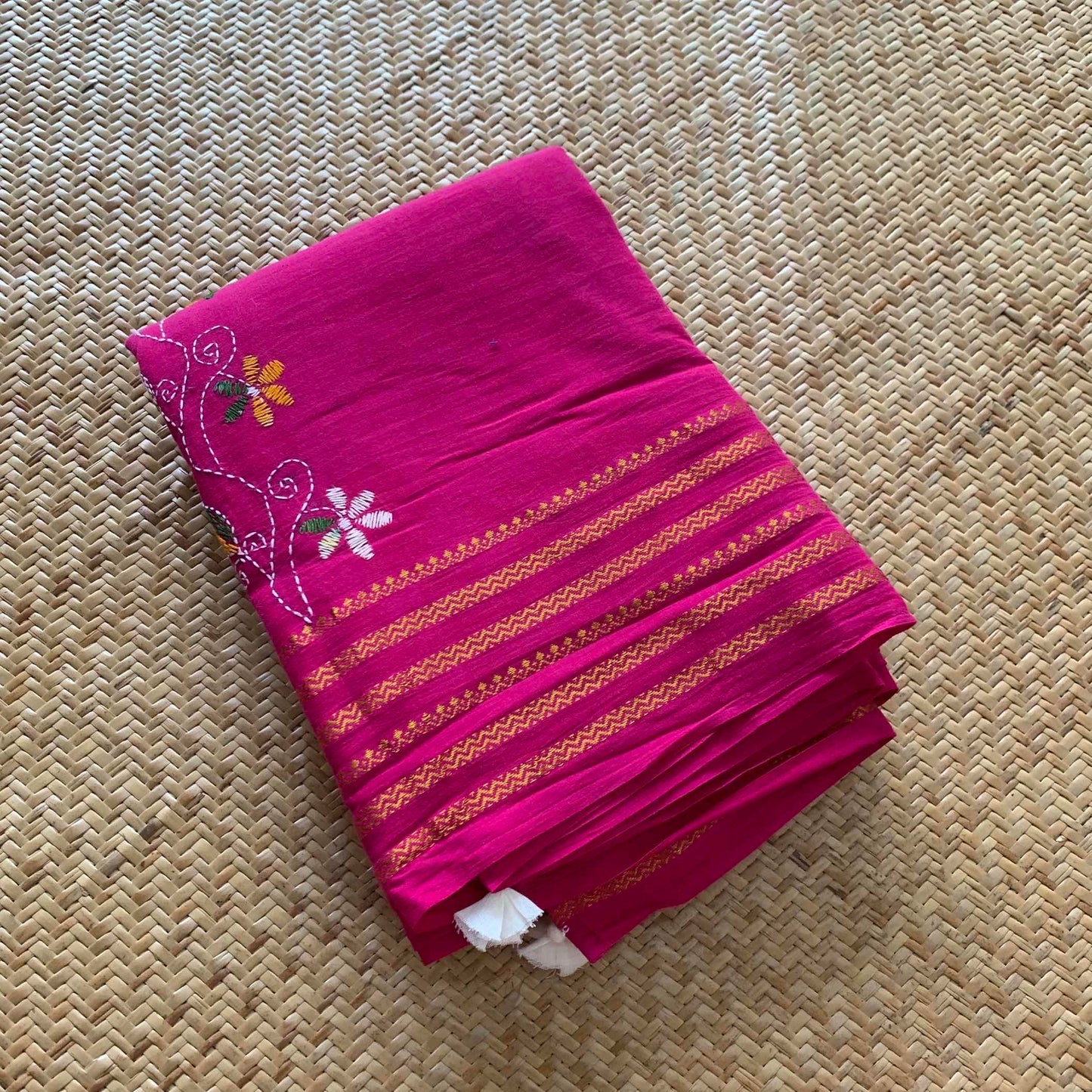 Sungudi Saree with multi colour thread Kantha embroidery