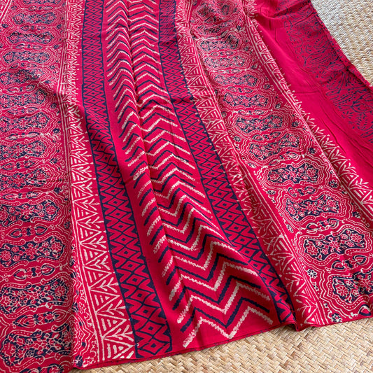 Mul Mul Cotton saree, Hand Block Printed, Red