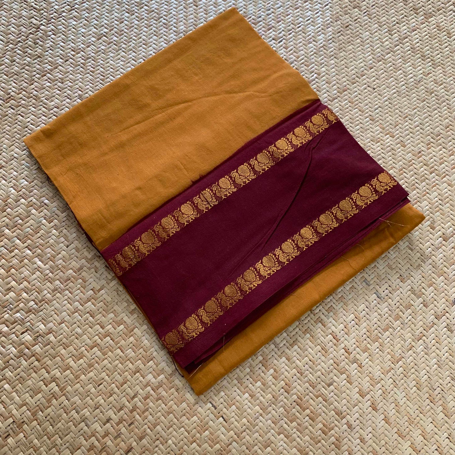 Mustard Saree With Beetle Nut Brown Border, Zari Annam Rettai Pettu Border , Clamp dyed (Kattu sayam).