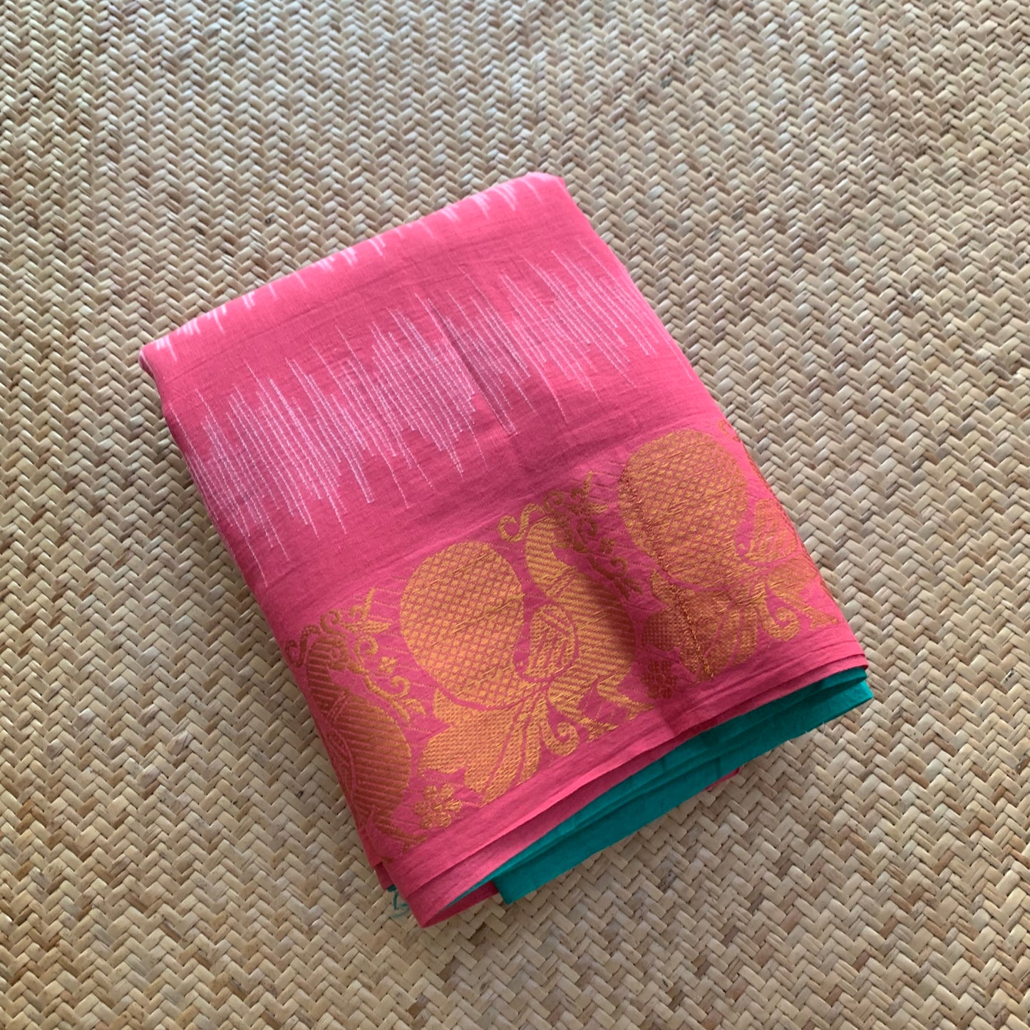 Pink with Green, Hand Crafted Nui Shibori Sungudi Cotton Saree