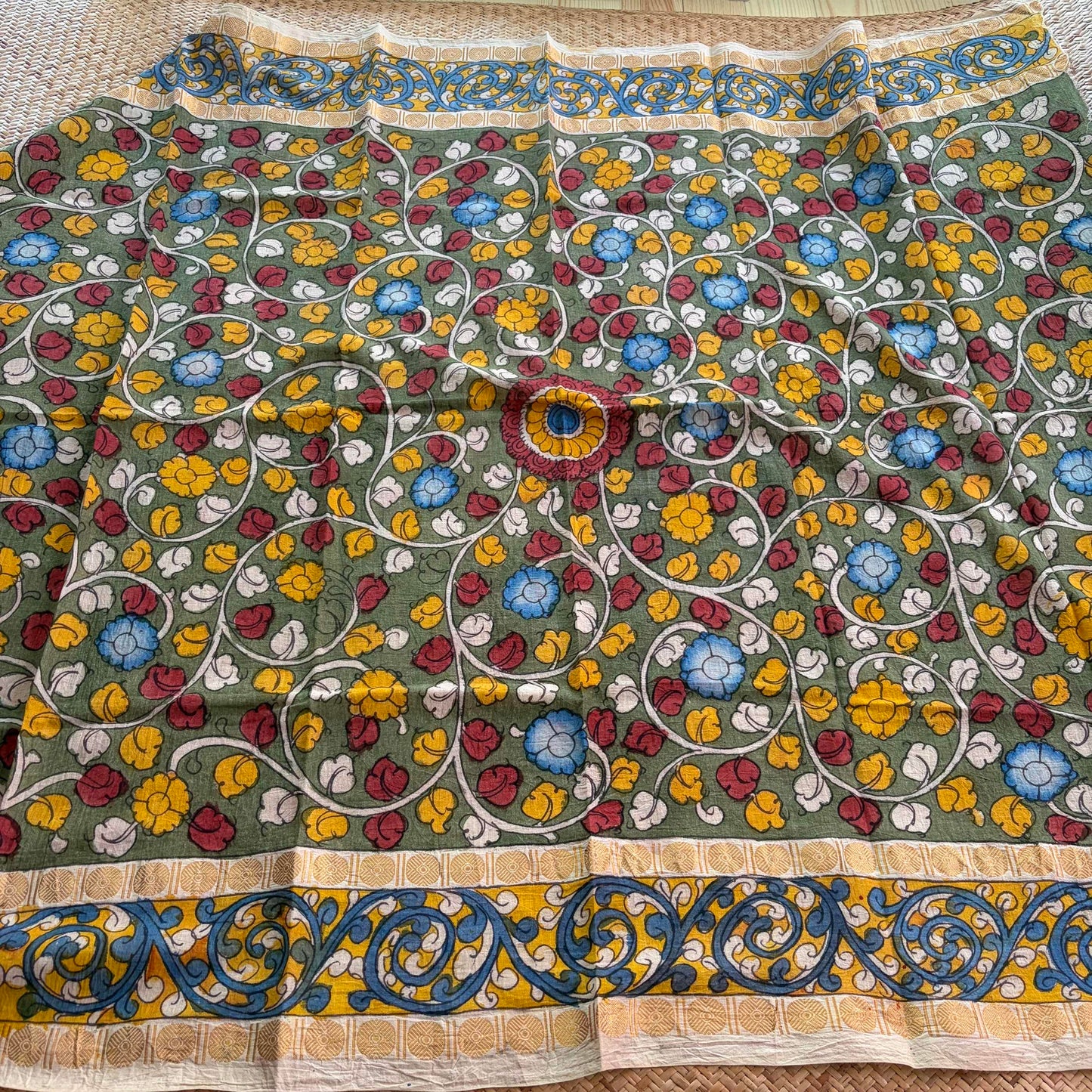 Green Floral, Kalamkari Hand Painted on a Madurai Sungudi Cotton 1.20 METER FABRIC