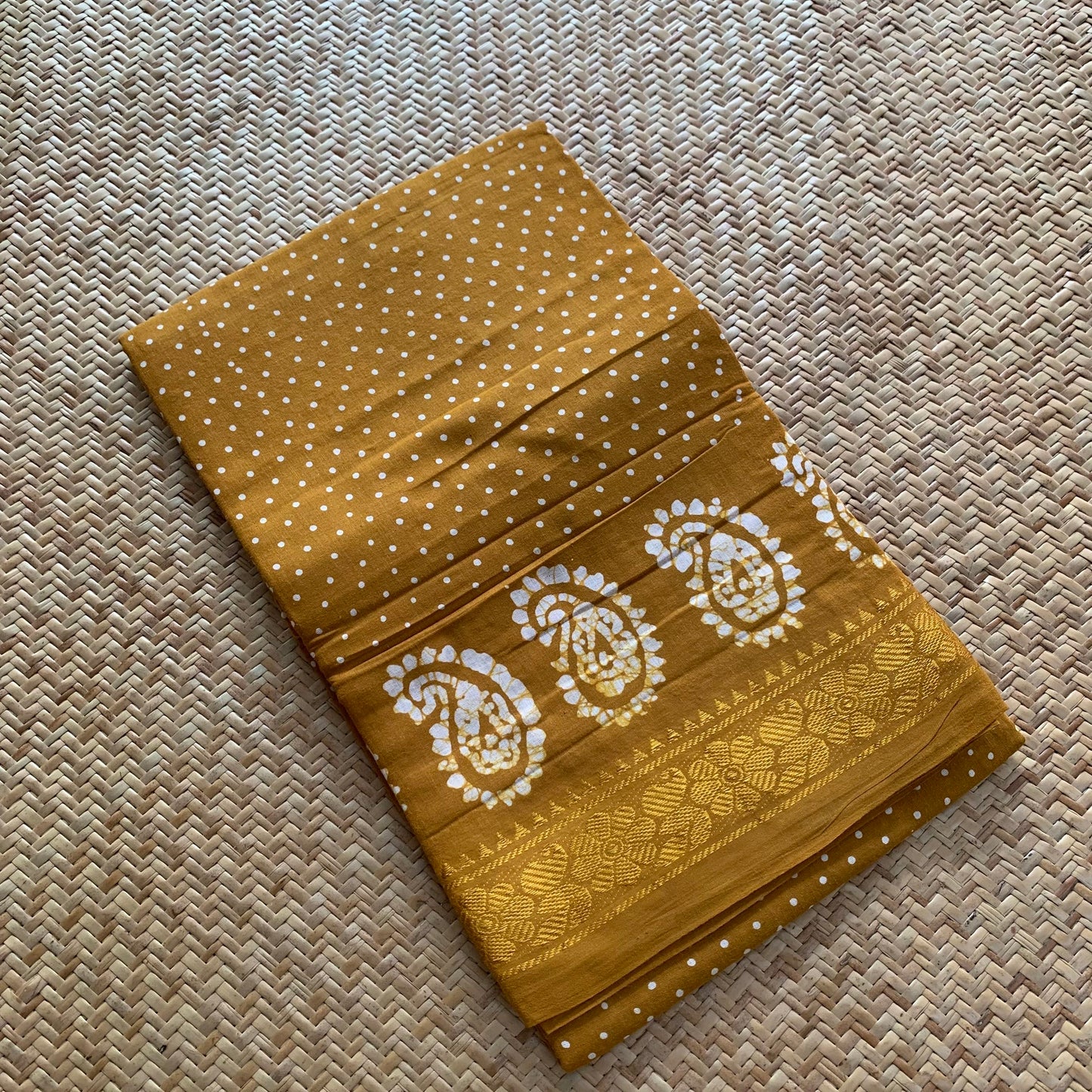 Mustard Hand Crafted wax print Sungudi Mul Mul Cotton Saree