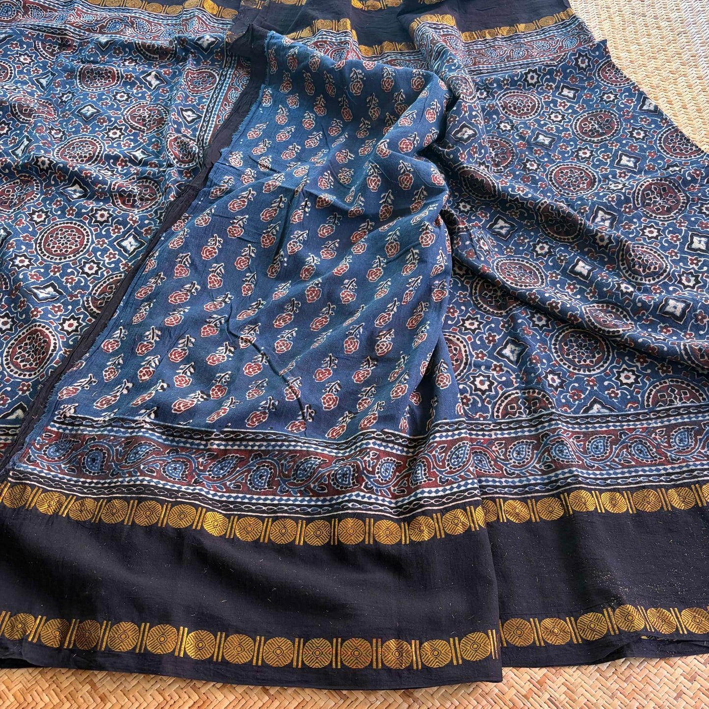 Indigo, Ajrak Hand Block Printed On Madurai Cotton Saree With Zari