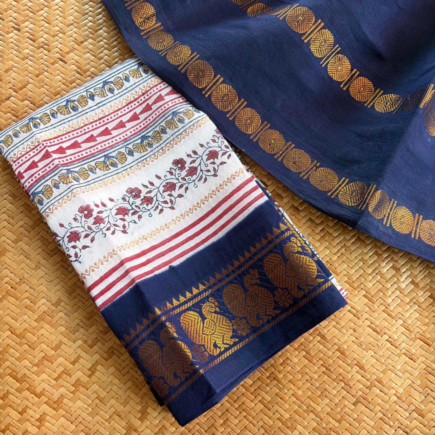Navy Saree With Hand Block Printed Blouse , Zari Rudraksham Rettai Pettu Border , Clamp dyed (Kattu sayam)