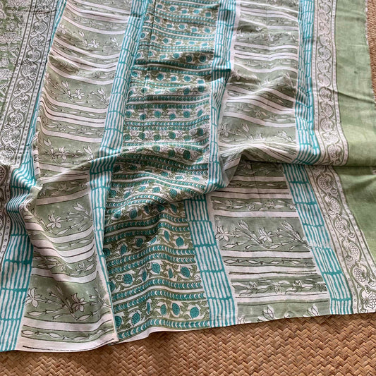 Mul Mul Cotton saree, Hand Block Printed, Pastel Green