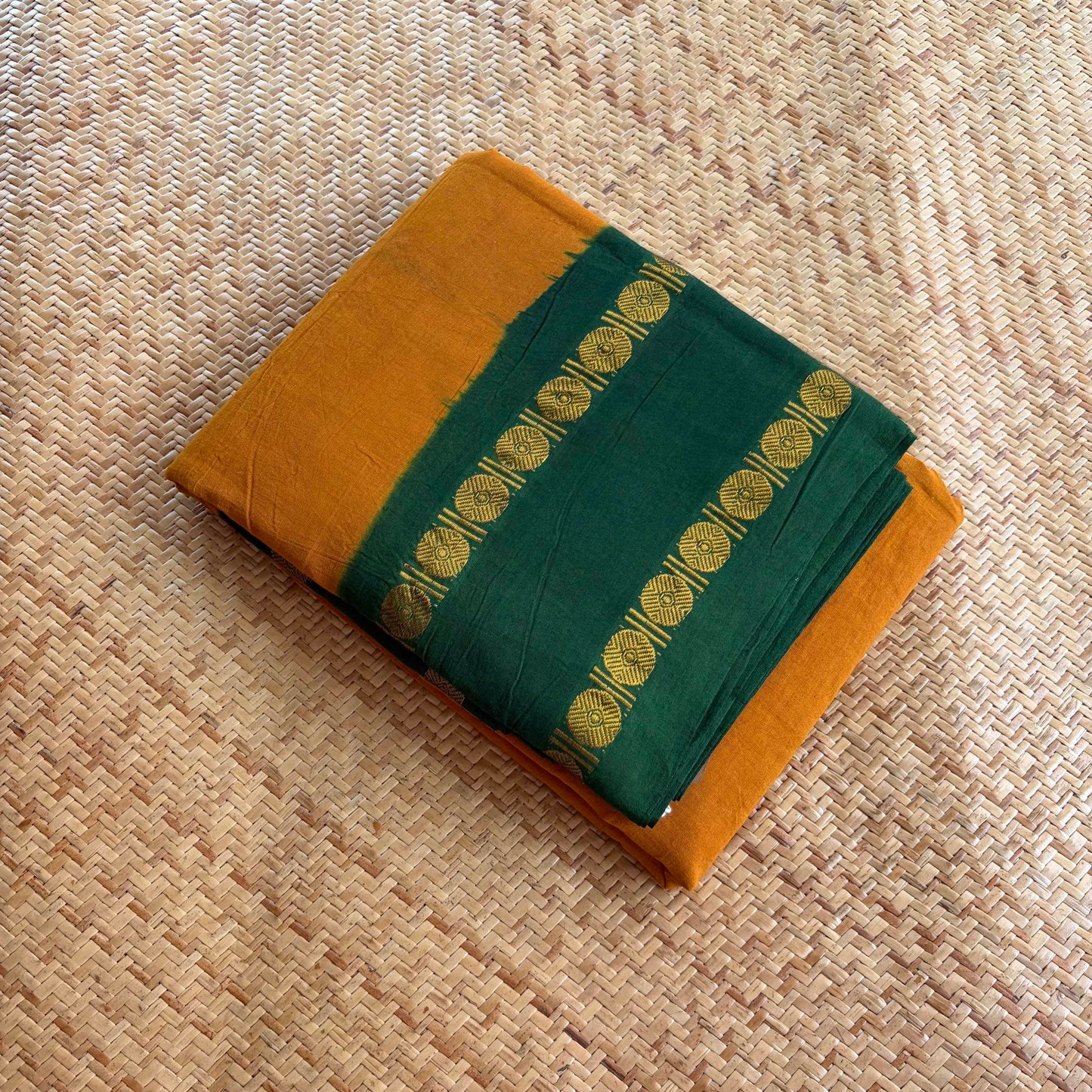 Mustard Saree With Running Blouse , Zari Rudraksham Rettai Pettu Border , Clamp dyed (Kattu sayam)