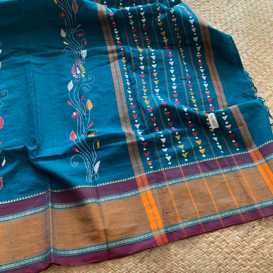 Arupukottai Hand woven Saree with multi colour thread Kantha embroidery