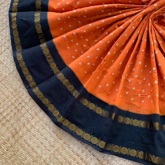 Orange Saree With Black Border, Hand knotted Sungudi On a Rudraksham Border Cotton saree, Kaikattu Sungadi