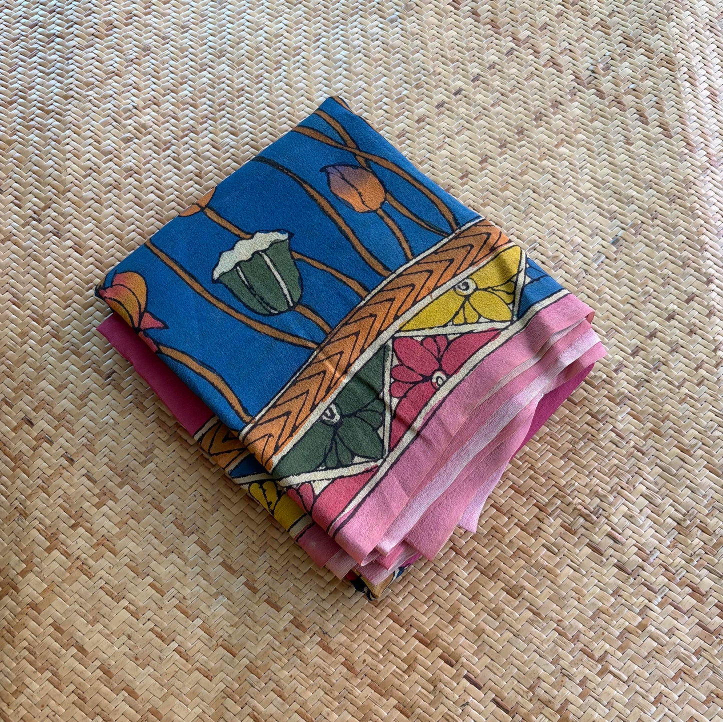 Multicoloured Kalamkari Hand Painted on Crape silk