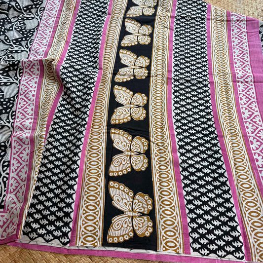Mul Mul Cotton saree, Hand Block Printed, Black