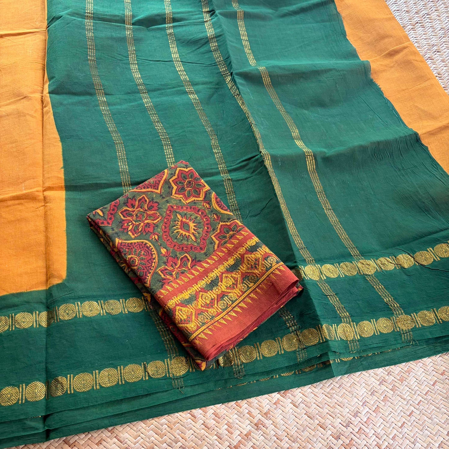 Mustard Saree With Ajrak Printed Blouse , Zari Rudraksham Rettai Pettu Border , Clamp dyed (Kattu sayam)