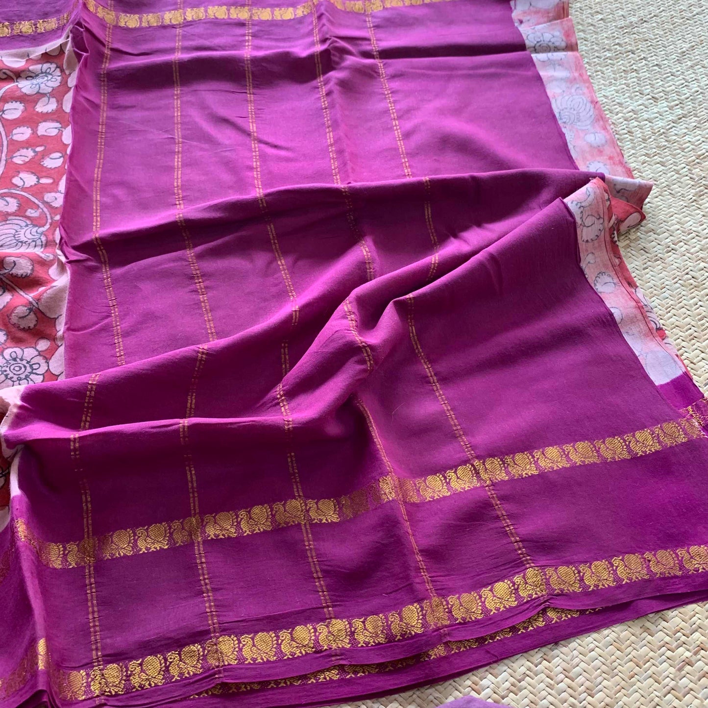 Floral Kalamkari Hand Painted on a Madurai Sungudi Cotton saree.