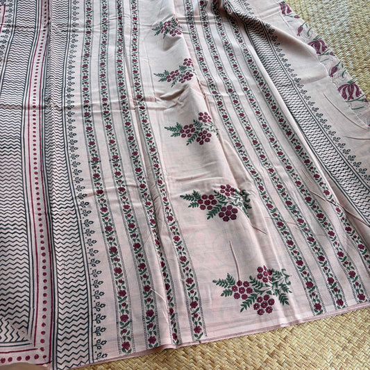 Mul Mul Cotton saree, Hand Block Printed, Dusty Rose
