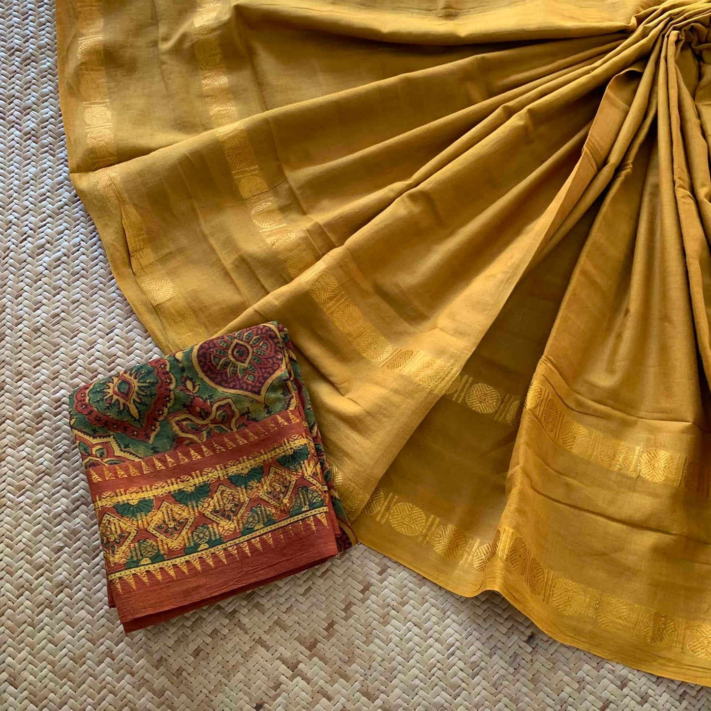 Golden Mustard Saree With Ajrak Blouse , Zari Rudraksham Rettai Pettu Border , Clamp dyed (Kattu sayam).