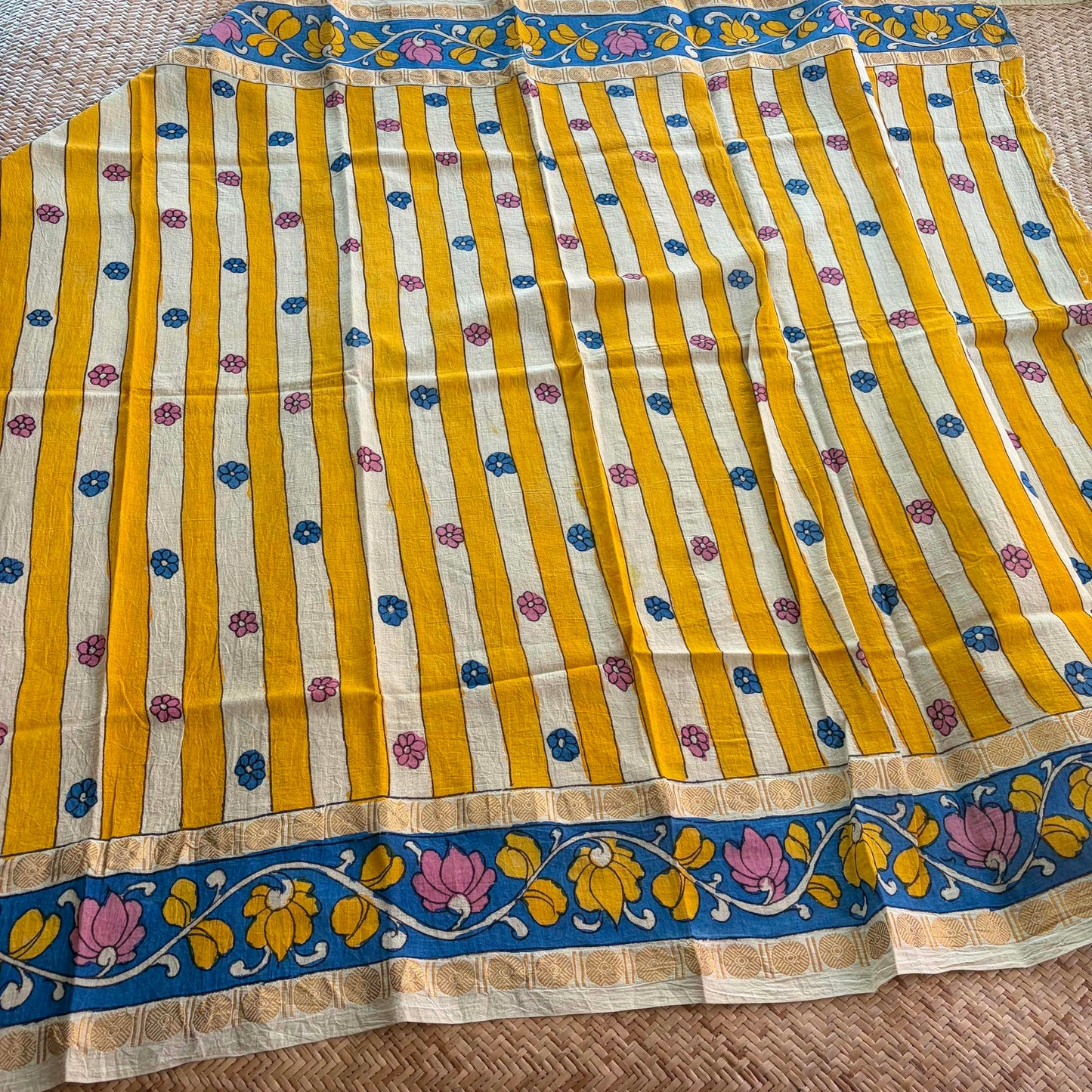 Yellow Floral, Kalamkari Hand Painted on a Madurai Sungudi Cotton 1.20 METER FABRIC
