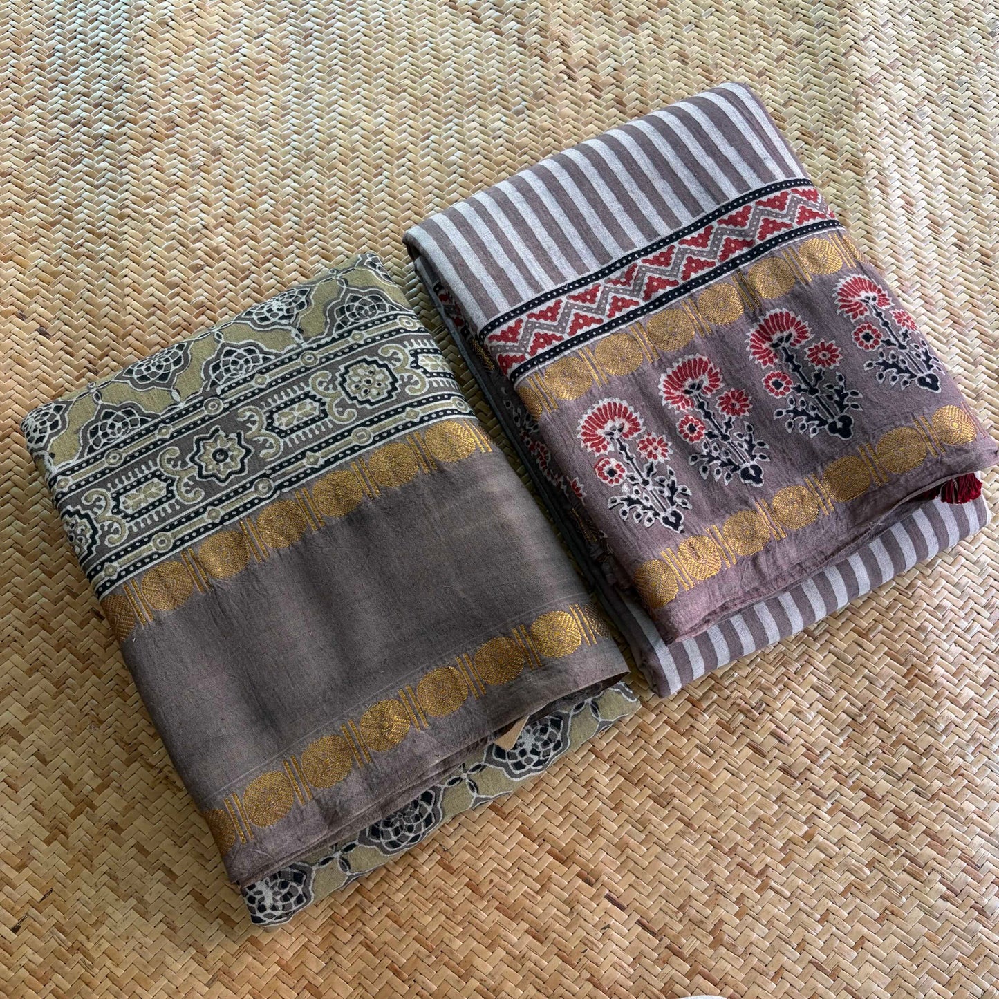 Nude, Ajrak Hand Block Printed On Madurai Cotton Saree With Zari