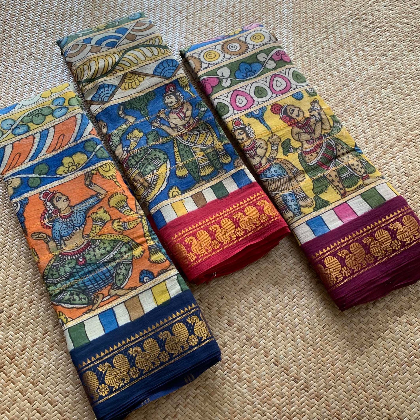 Multicoloured Kalamkari Hand Painted on a Madurai Velthari Sungudi Cotton saree.