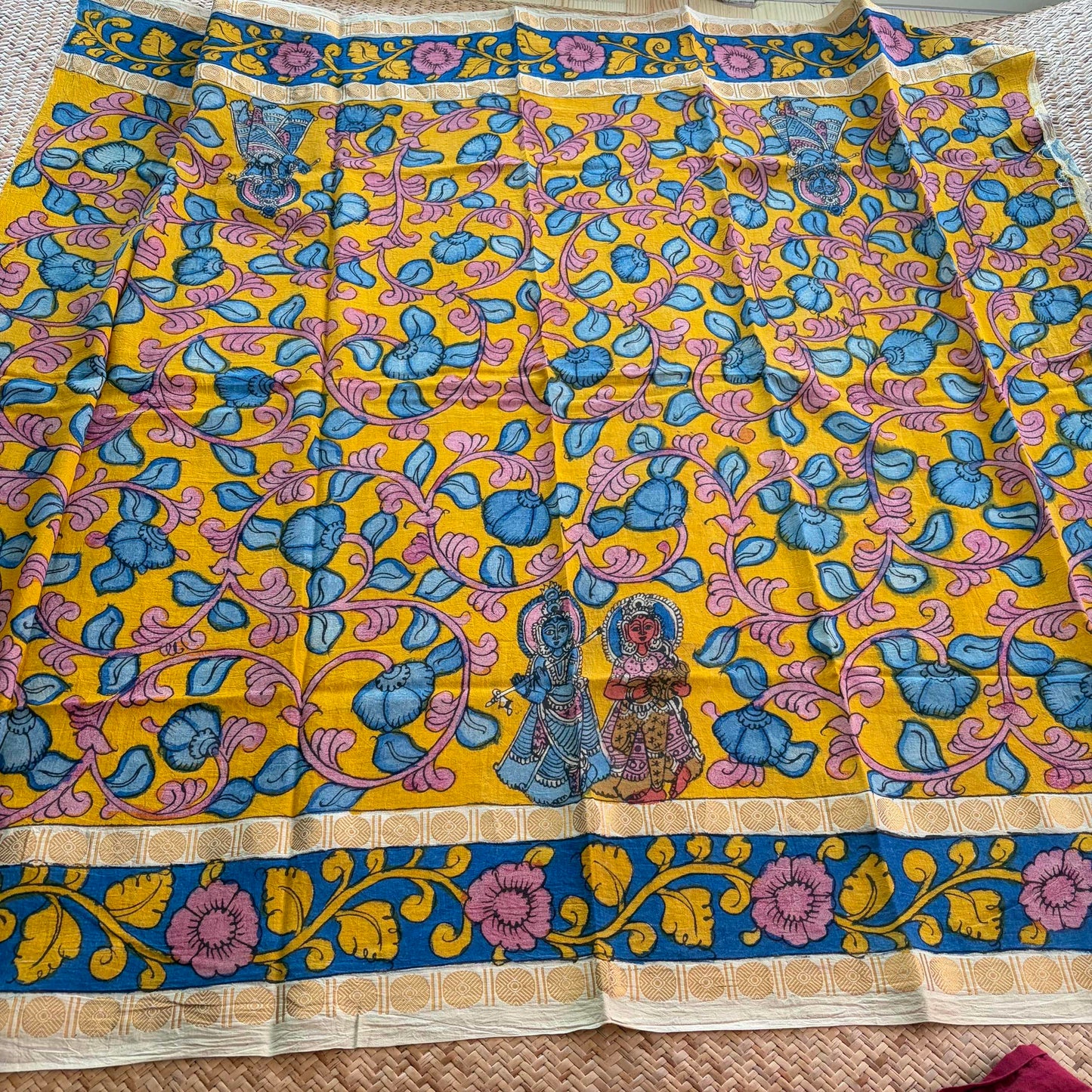 Yellow Floral, Kalamkari Hand Painted on a Madurai Sungudi Cotton 1.20 METER FABRIC