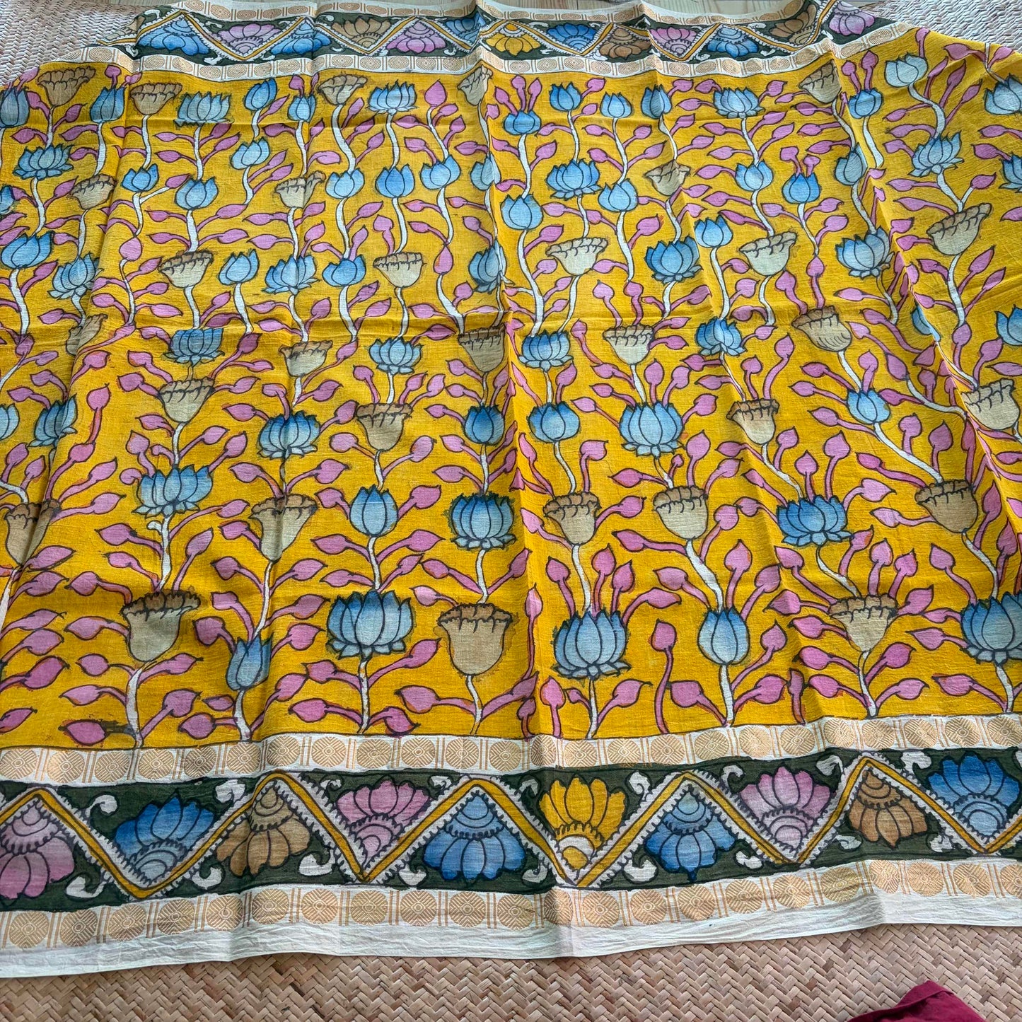 Yellow Floral, Kalamkari Hand Painted on a Madurai Sungudi Cotton 1.20 METER FABRIC