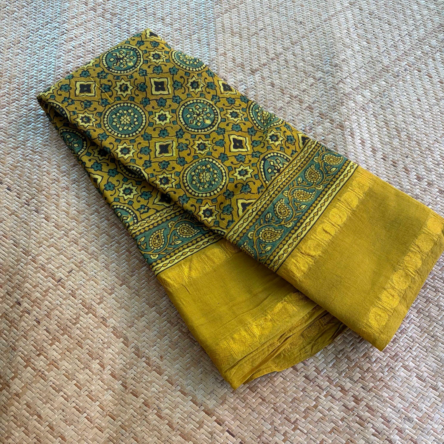 Mustard, Ajrak Hand Block Printed On Madurai Cotton Saree With Zari