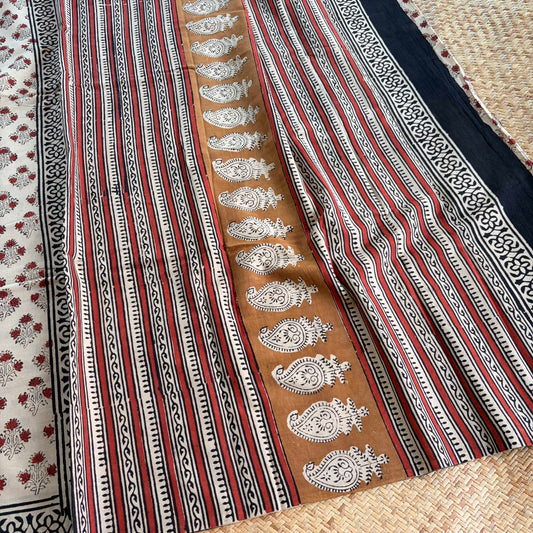 Mul Mul Cotton saree, Hand Block Printed, Beige