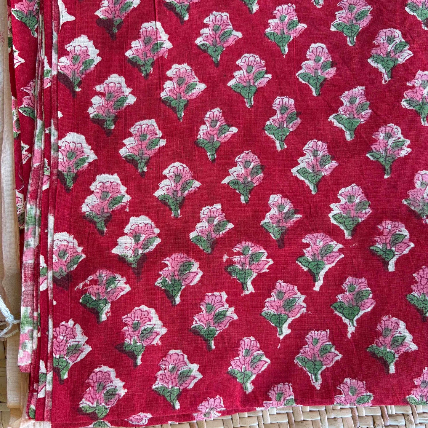 Hand Block Printed Sanganeri Cotton Running Fabric, Red