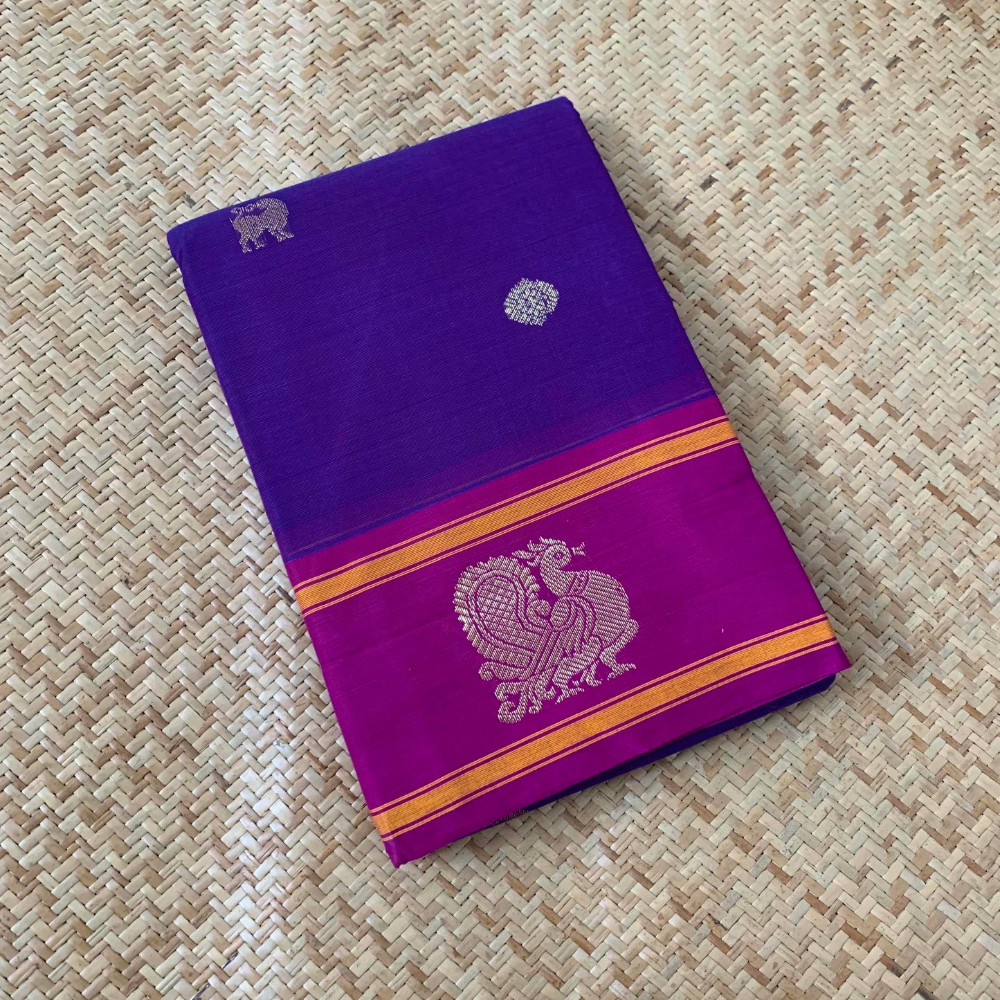Kanchipuram Cotton Saree, Voilet Double Tone Saree With Purple Border, Grand Pallu and Yazhi Chakkaram Butta