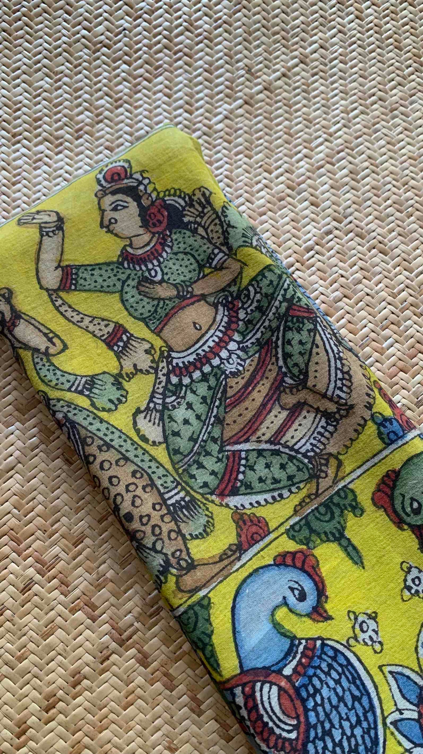 Drama , Kalamkari Hand Painted on a Madurai Sungudi Cotton saree.