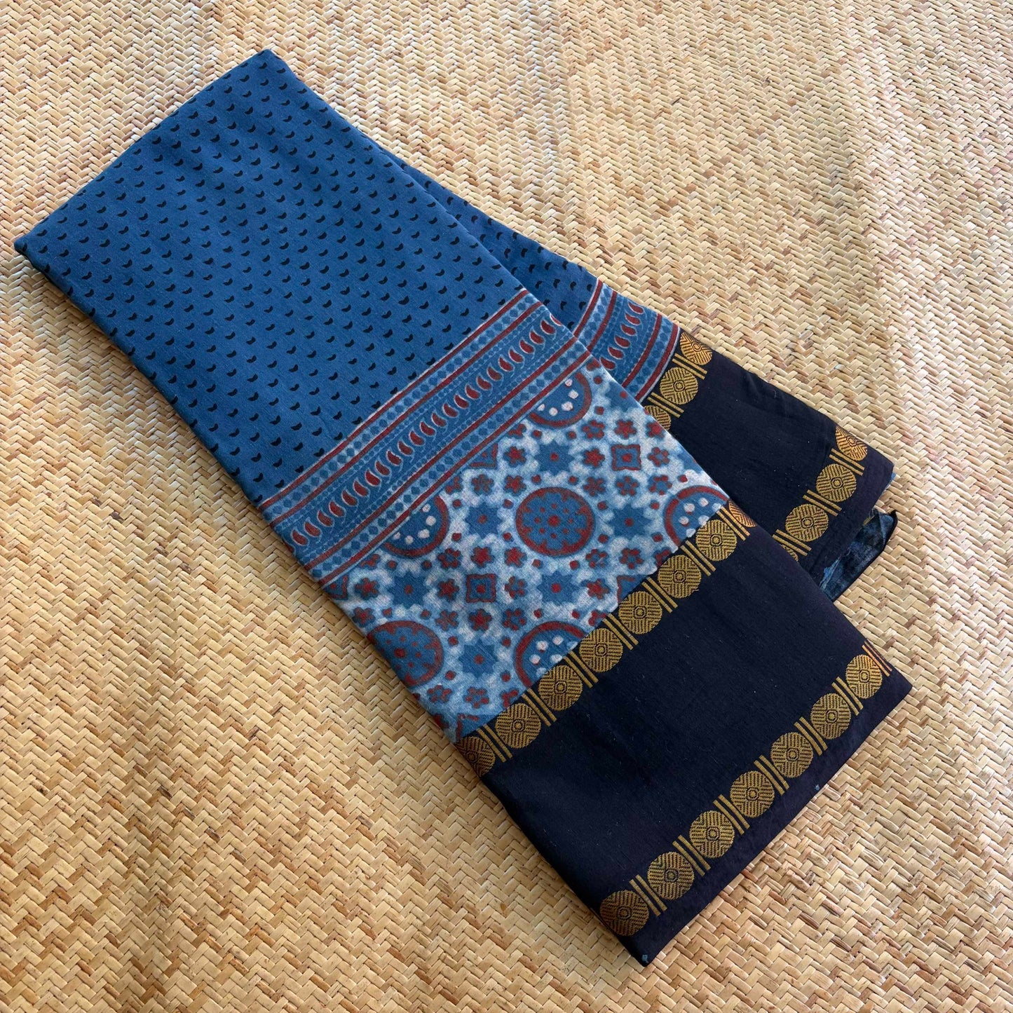 Cloud Indigo, Ajrak Hand Block Printed On Madurai Cotton Saree With Zari