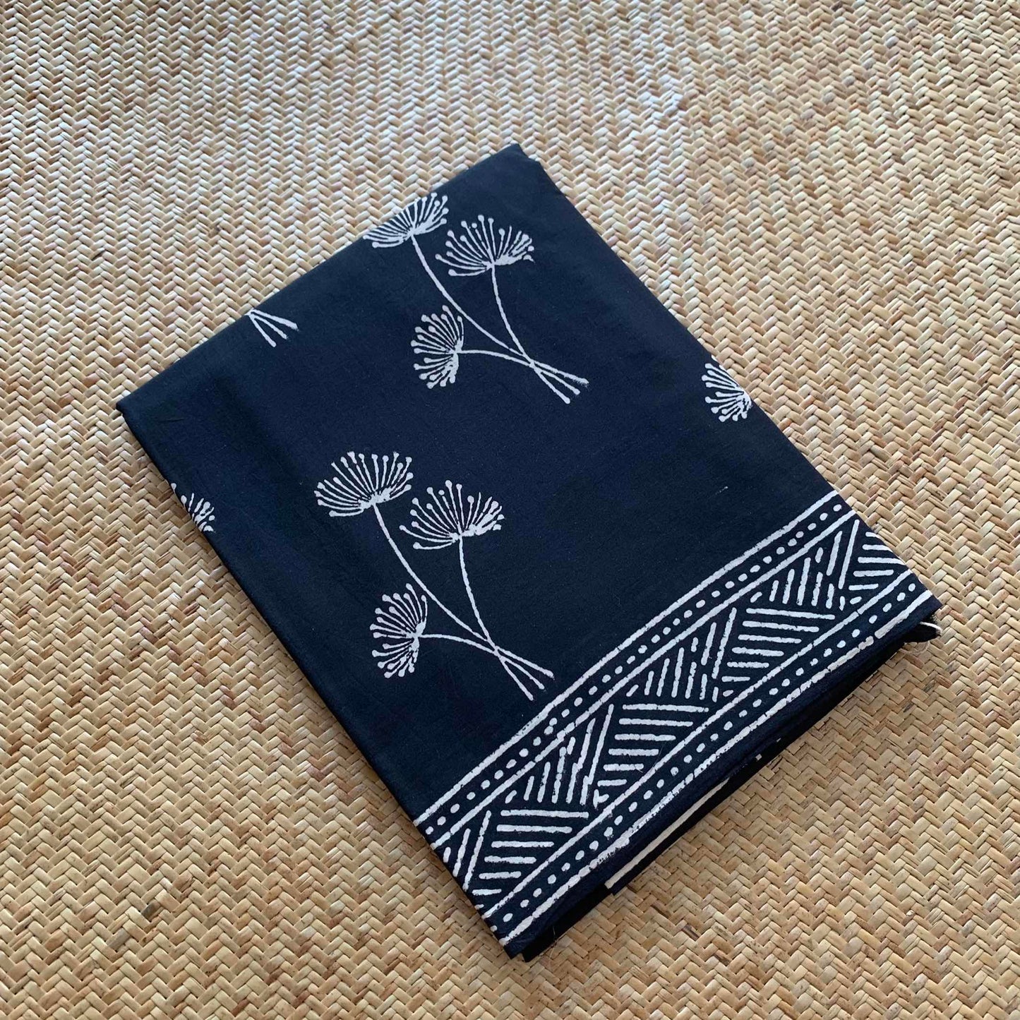 Mul Mul Cotton saree, Hand Block Printed, Black