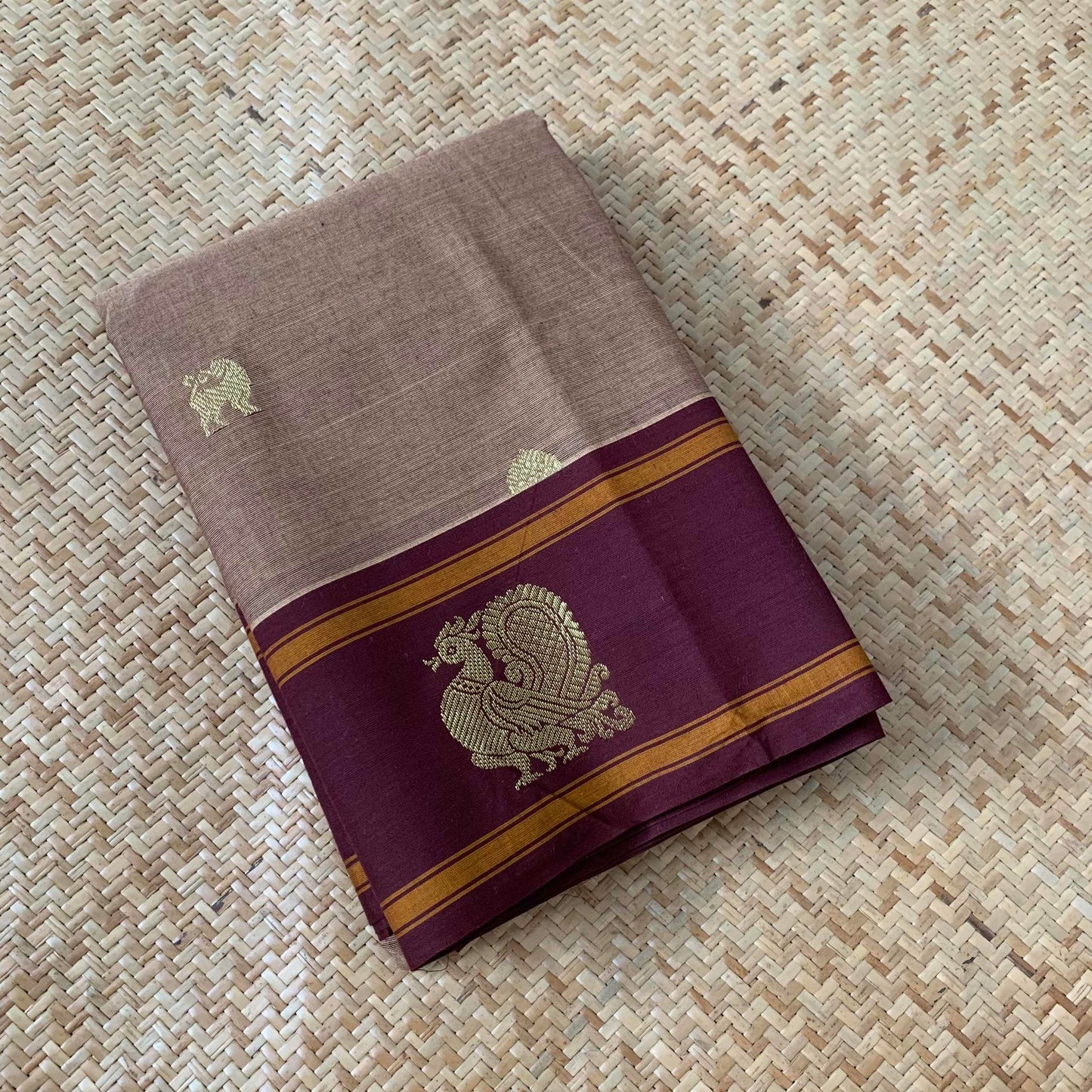 Kanchipuram Cotton Saree, Chocolate Brown Double Tone Saree with Brown Border, Grand Pallu and Yazhi Chakkaram Butta