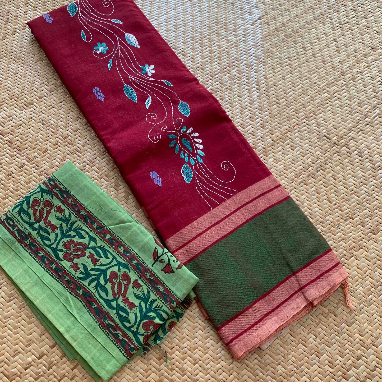 Arupukottai Hand woven Saree with multi colour thread Kantha embroidery