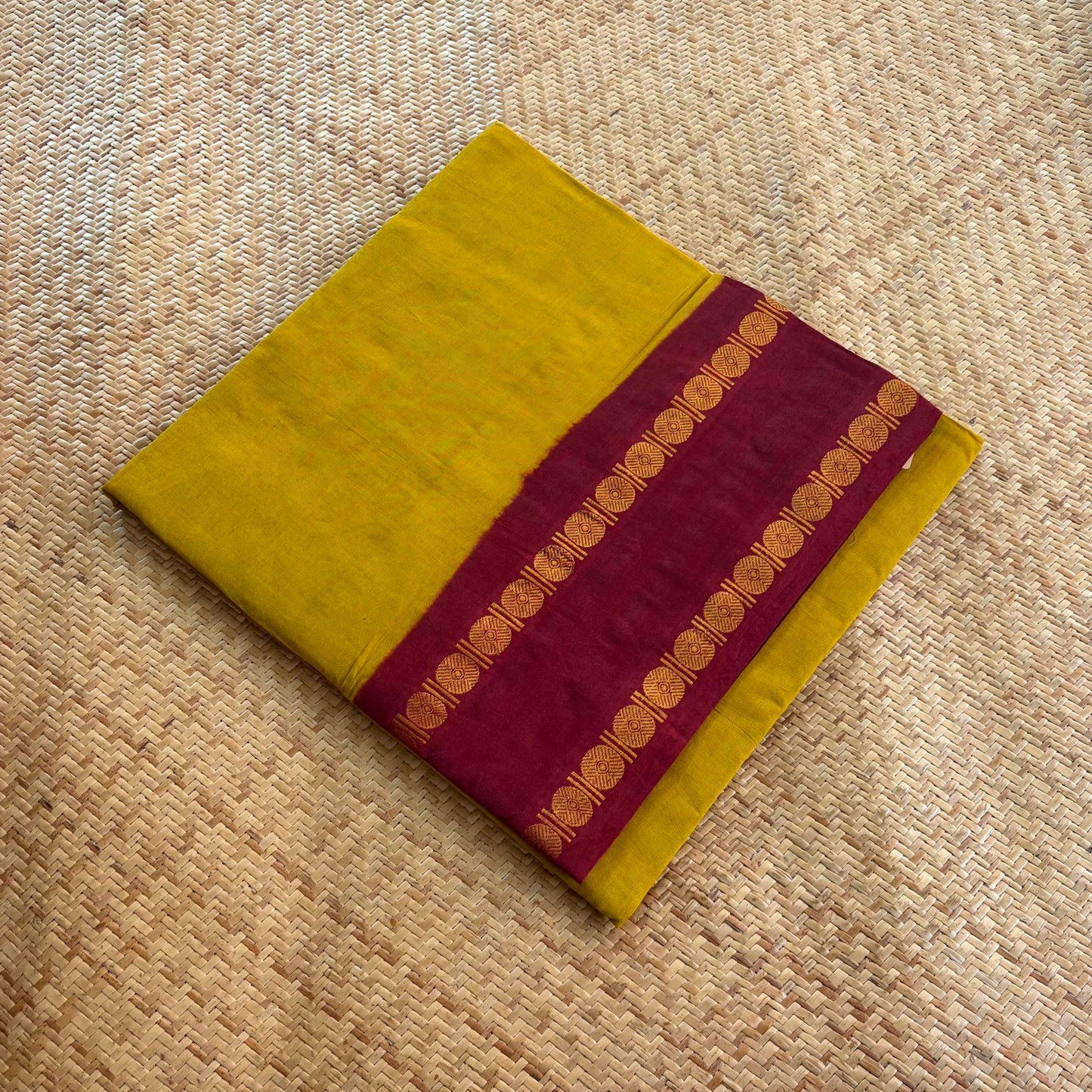 Mustard Saree With Running Blouse , Zari Rudraksham Rettai Pettu Border , Clamp dyed (Kattu sayam)