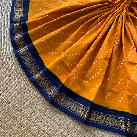 Yellow Saree , Hand knotted Sungudi On a Annam Border Cotton saree, Kaikattu Sungadi