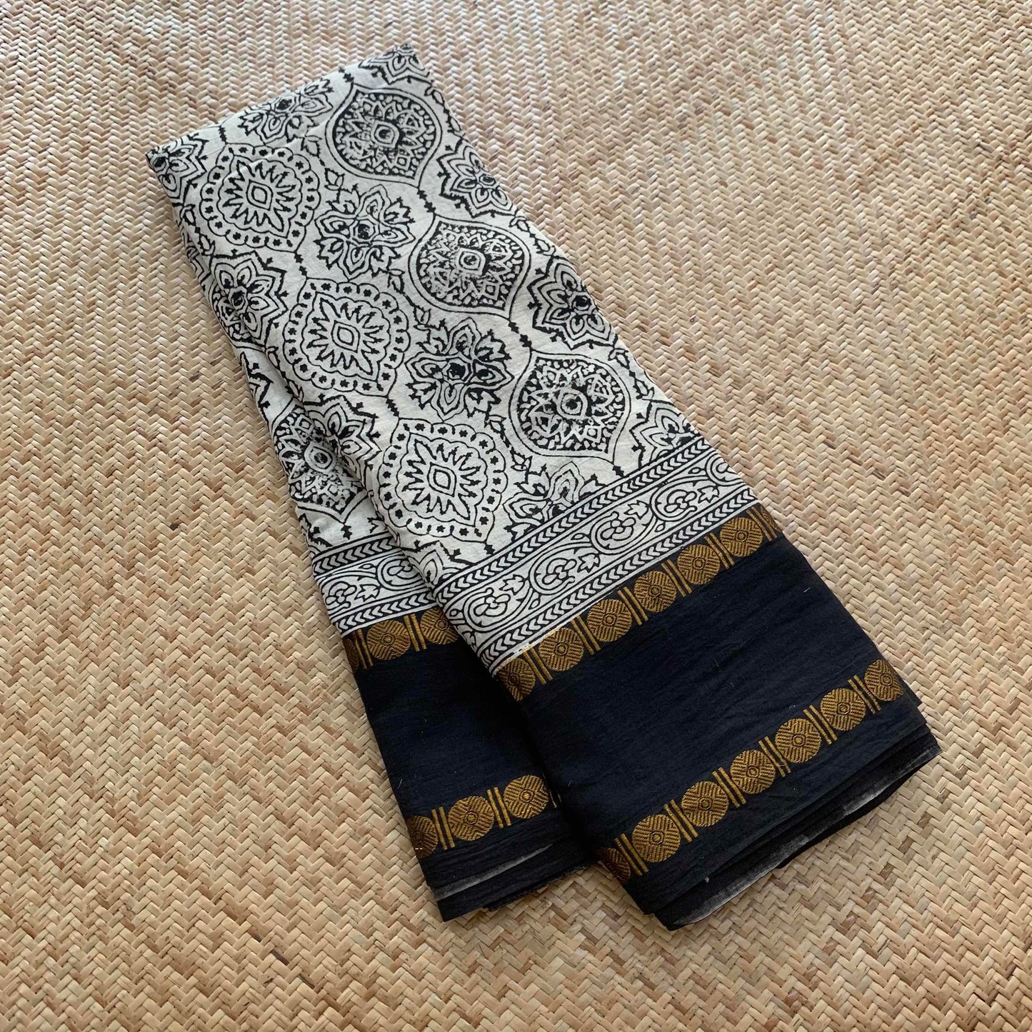 Monochrome, Ajrak Hand Block Printed On Madurai Cotton Saree With Zari