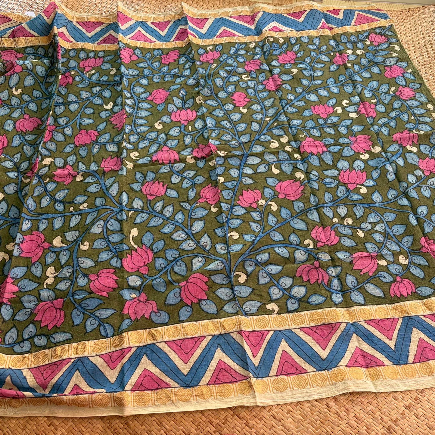 Green Floral, Kalamkari Hand Painted on a Madurai Sungudi Cotton 1.20 METER FABRIC