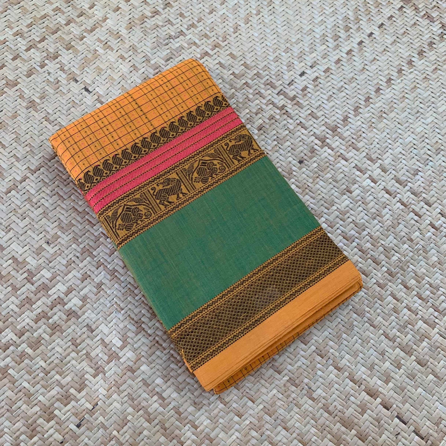 Kanchipuram Cotton Saree, Handwoven Mustard Saree with Green Border and Grand Pallu