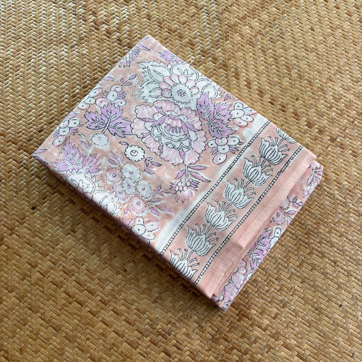 Mul Mul Cotton saree, Hand Block Printed, Pastel Peach
