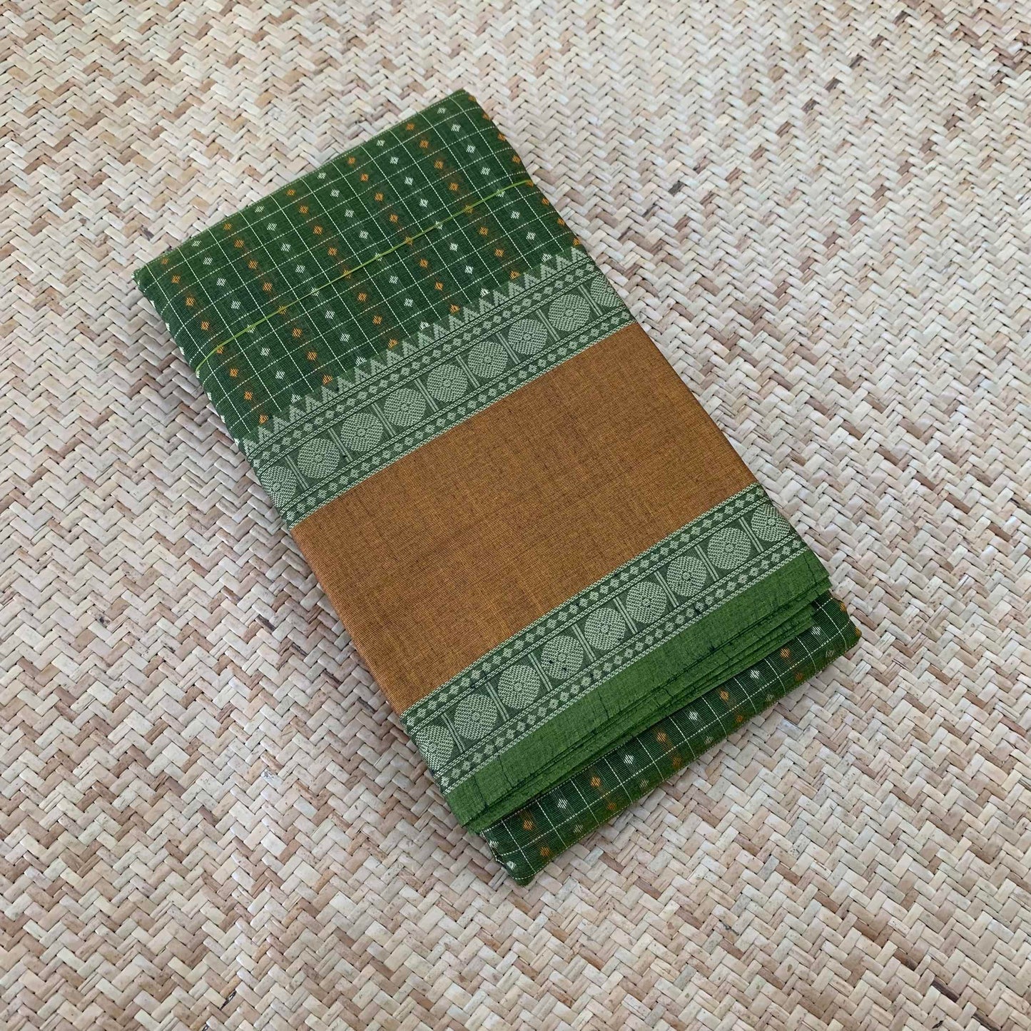 Kanchipuram Cotton Saree, Handwoven Green Saree with Mustard Border and Grand Pallu