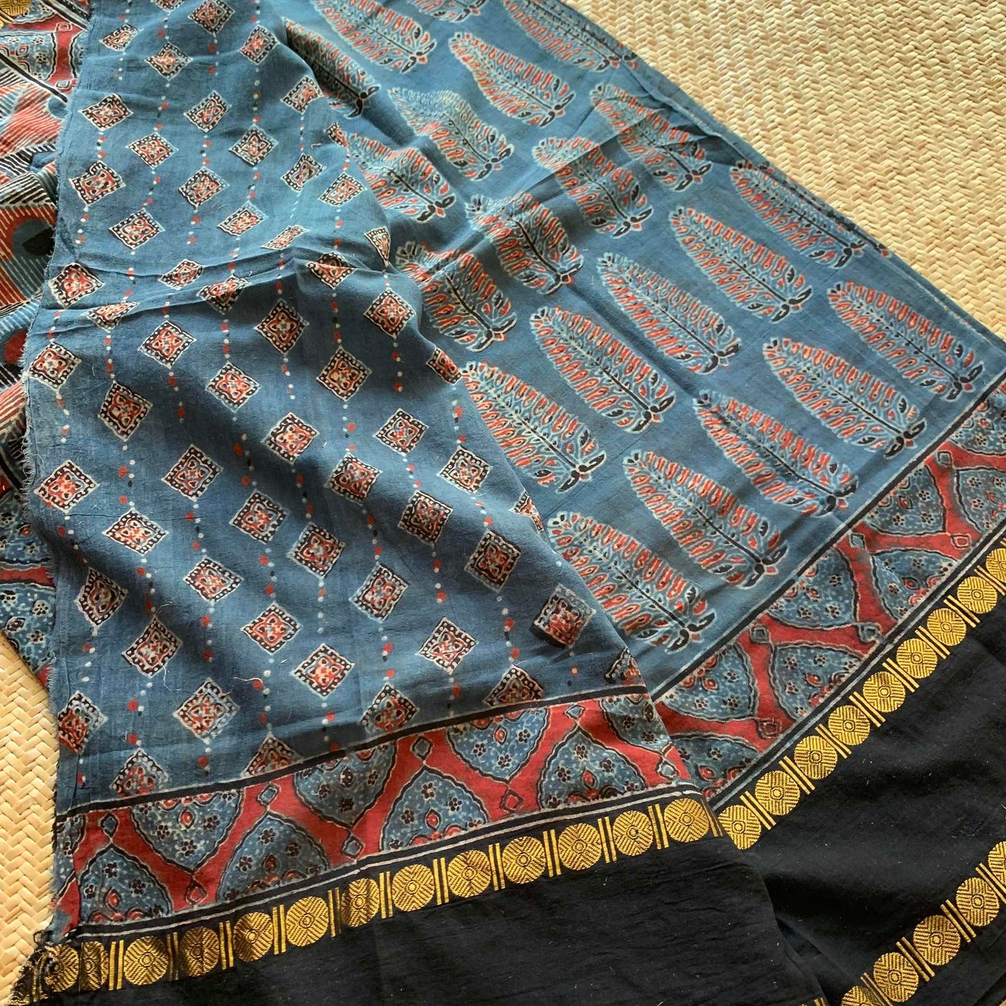 Indigo, Ajrak Hand Block Printed On Madurai Cotton Saree With Zari