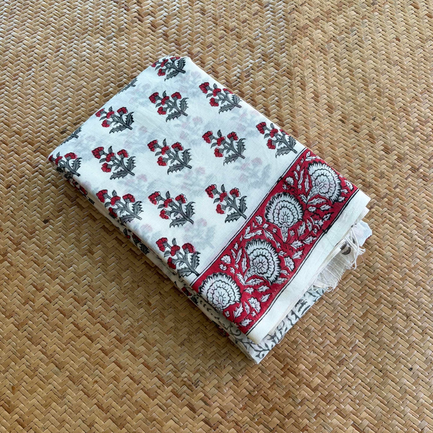 Mul Mul Cotton saree, Hand Block Printed, White
