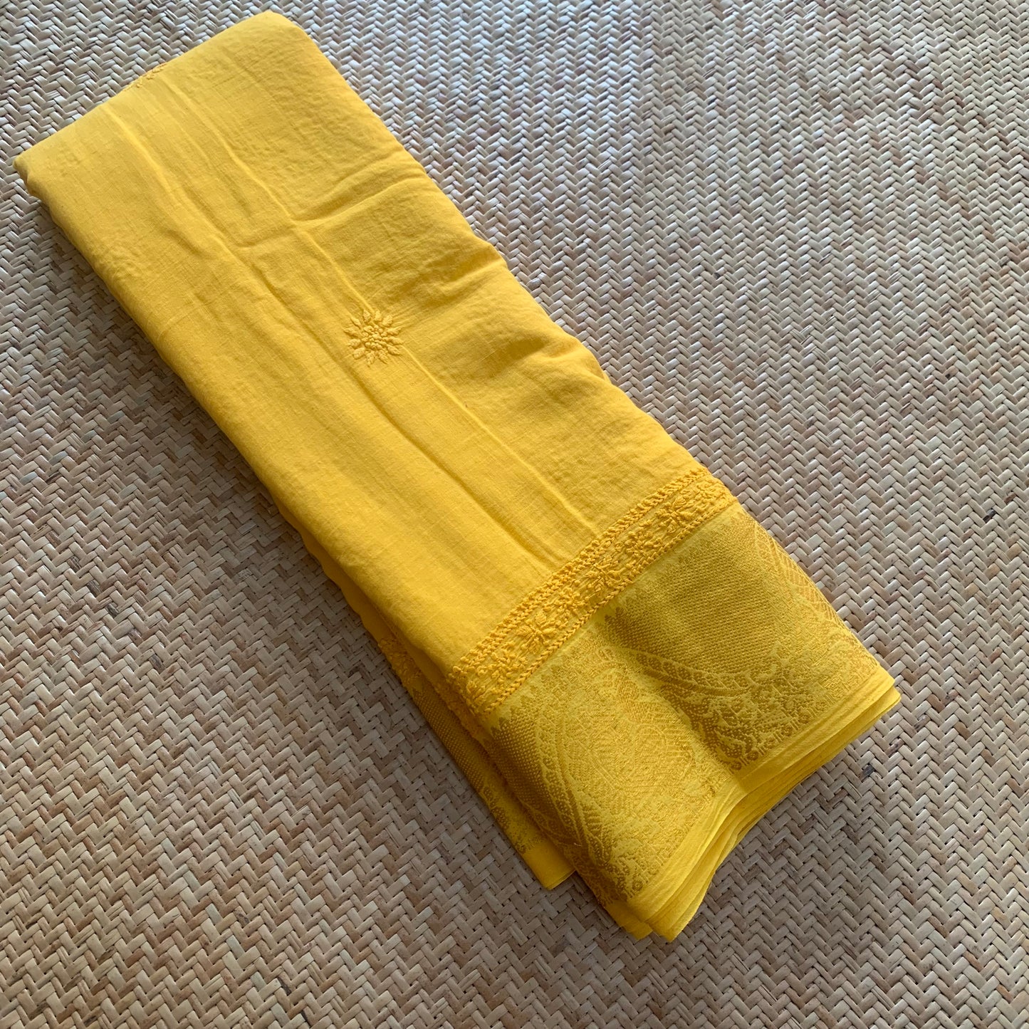Yellow Chickankari Hand Embroidery on a Sungudi Cotton Saree